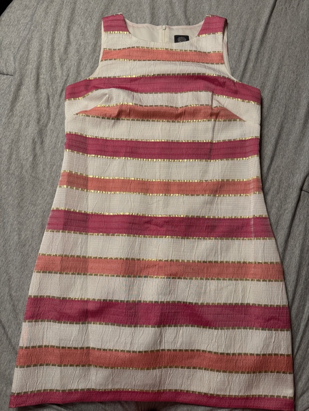 Vince Camuto Cream Dress with Pink and Coral Stripes and Gold Accents
